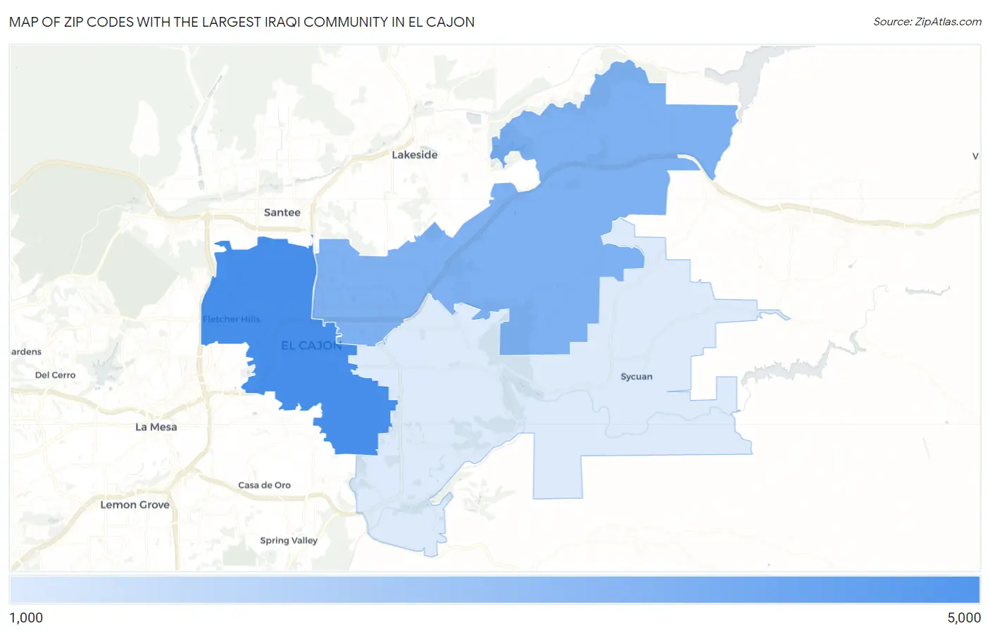 Zip Codes with the Largest Iraqi Community in El Cajon Map