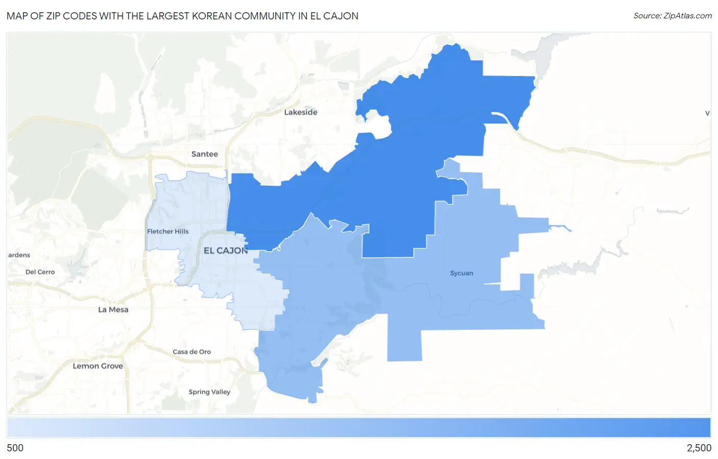 Zip Codes with the Largest Korean Community in El Cajon Map
