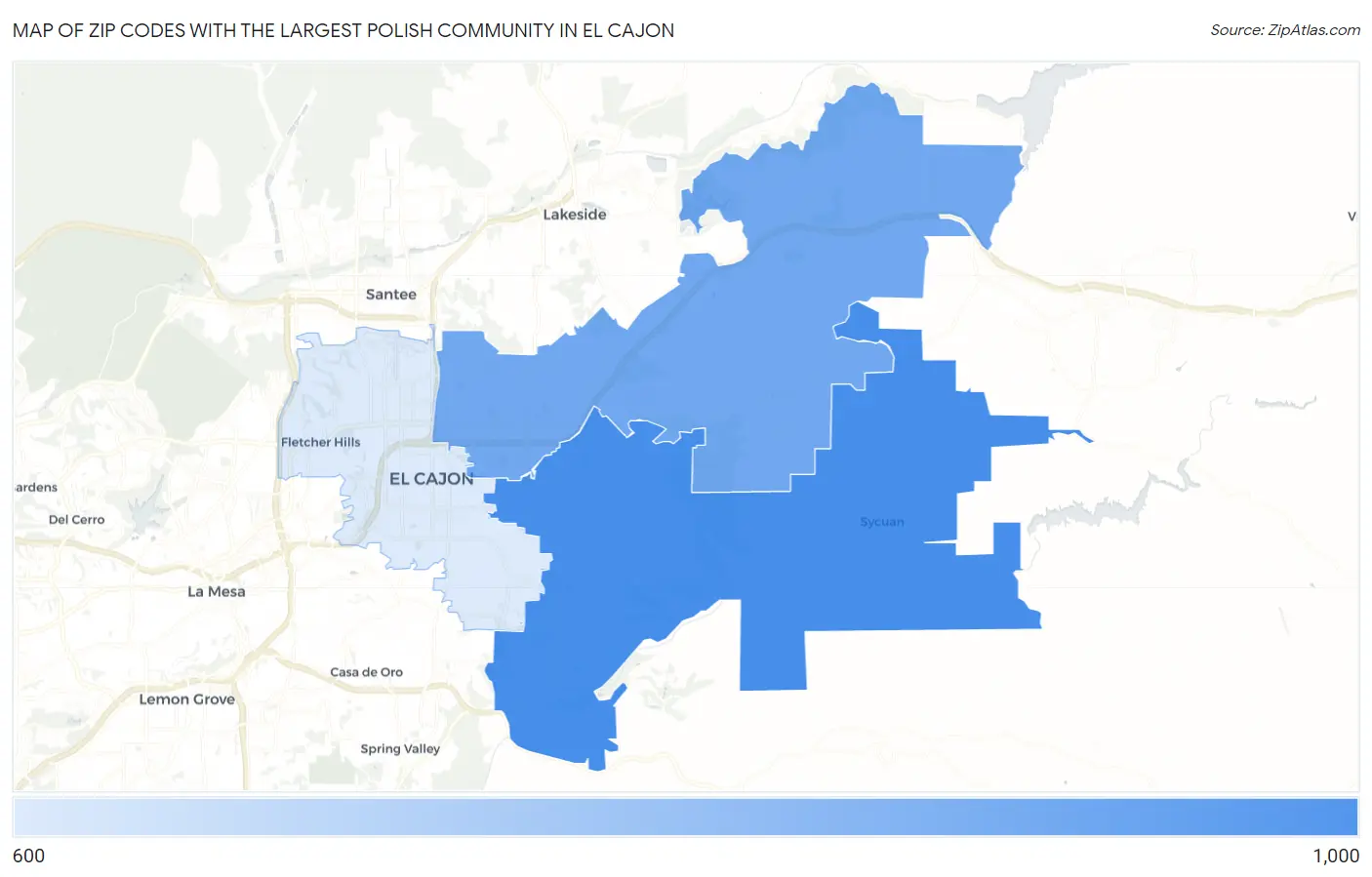 Zip Codes with the Largest Polish Community in El Cajon Map