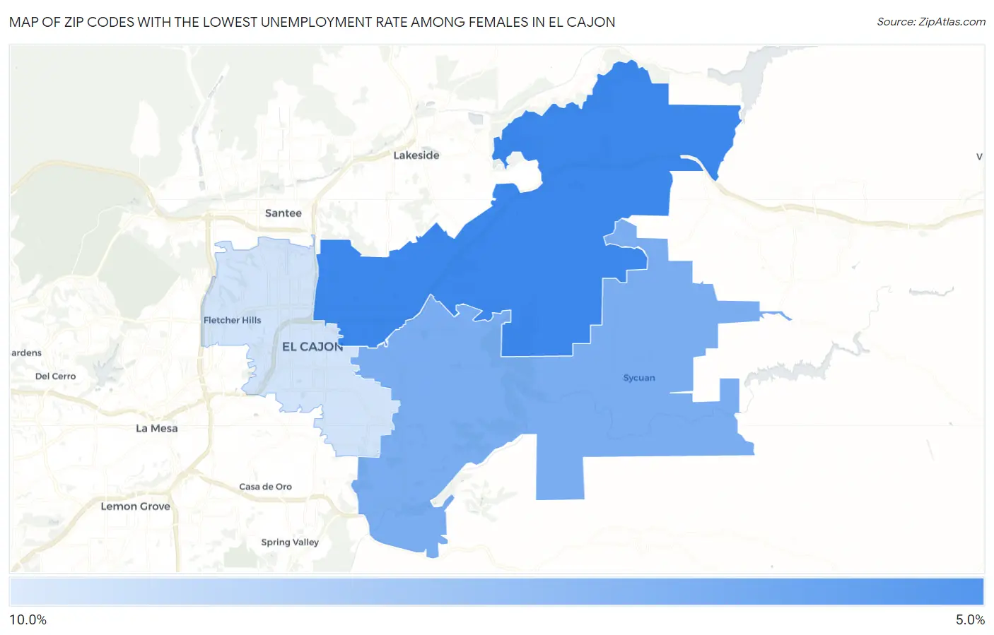 Zip Codes with the Lowest Unemployment Rate Among Females in El Cajon Map