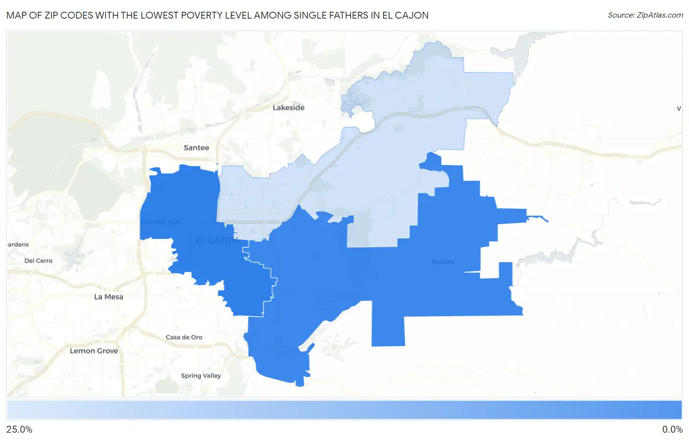 Zip Codes with the Lowest Poverty Level Among Single Fathers in El Cajon Map
