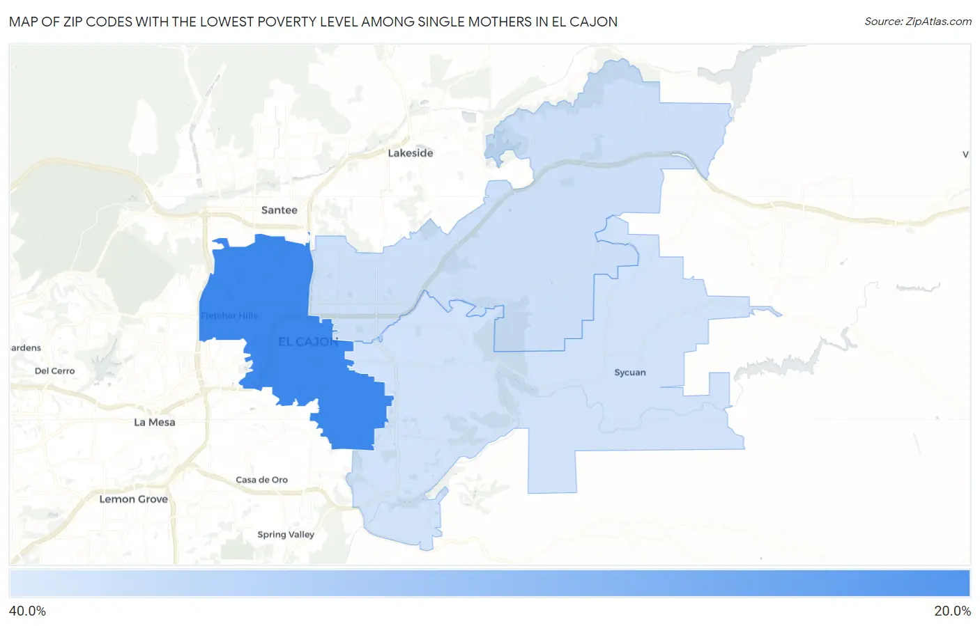 Zip Codes with the Lowest Poverty Level Among Single Mothers in El Cajon Map
