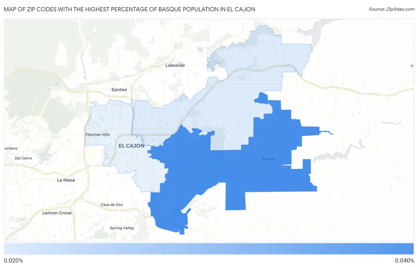 Zip Codes with the Highest Percentage of Basque Population in El Cajon Map