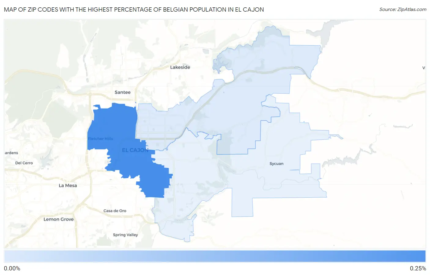 Zip Codes with the Highest Percentage of Belgian Population in El Cajon Map