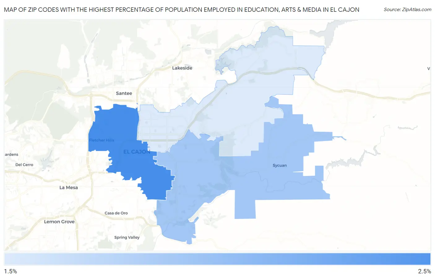 Zip Codes with the Highest Percentage of Population Employed in Education, Arts & Media in El Cajon Map