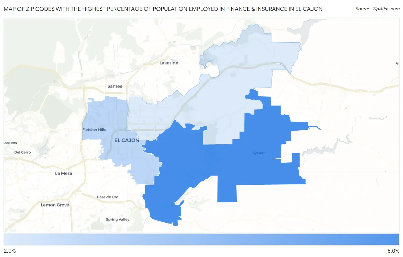 Zip Codes with the Highest Percentage of Population Employed in Finance & Insurance in El Cajon Map