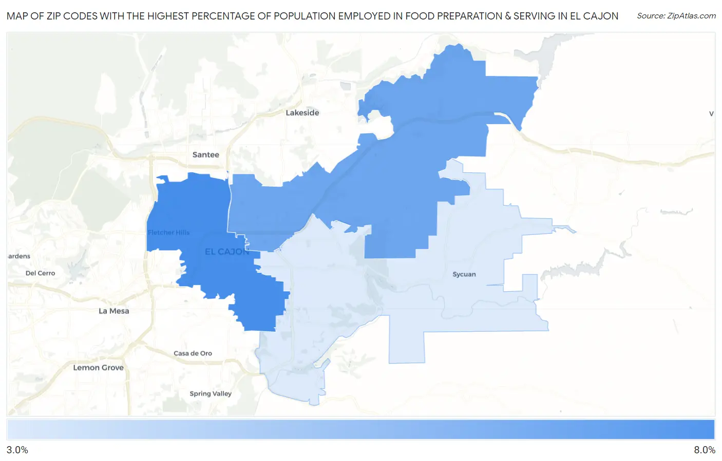 Zip Codes with the Highest Percentage of Population Employed in Food Preparation & Serving in El Cajon Map