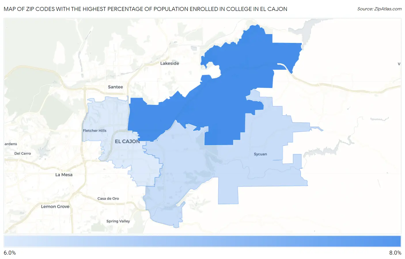Zip Codes with the Highest Percentage of Population Enrolled in College in El Cajon Map