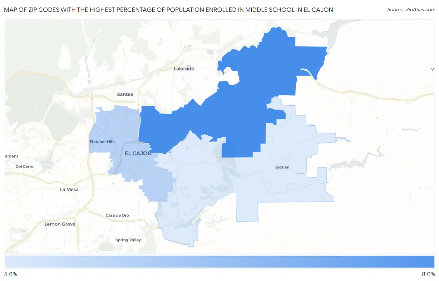 Zip Codes with the Highest Percentage of Population Enrolled in Middle School in El Cajon Map