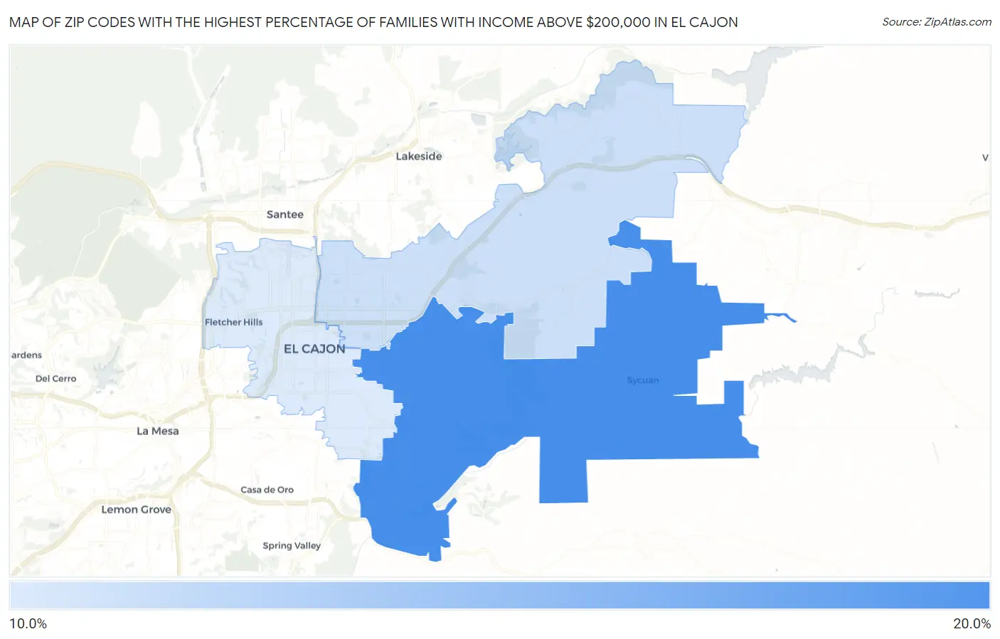 Zip Codes with the Highest Percentage of Families with Income Above $200,000 in El Cajon Map