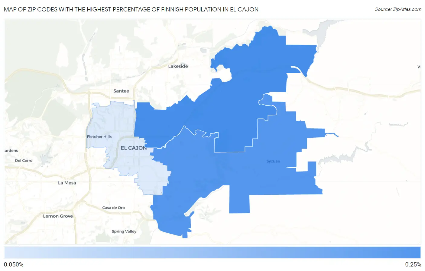 Zip Codes with the Highest Percentage of Finnish Population in El Cajon Map