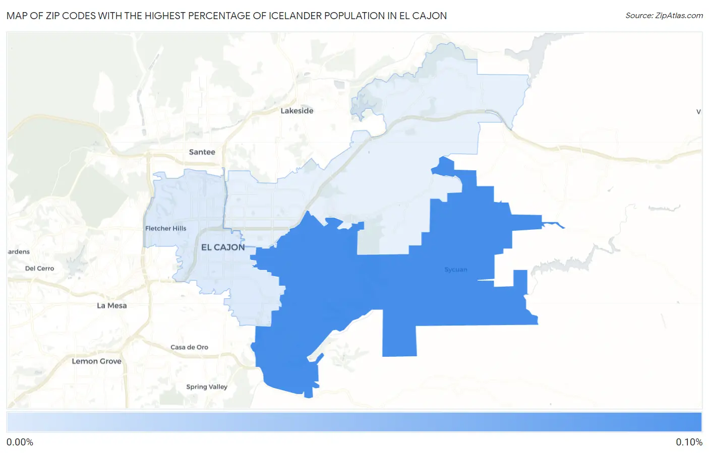 Zip Codes with the Highest Percentage of Icelander Population in El Cajon Map