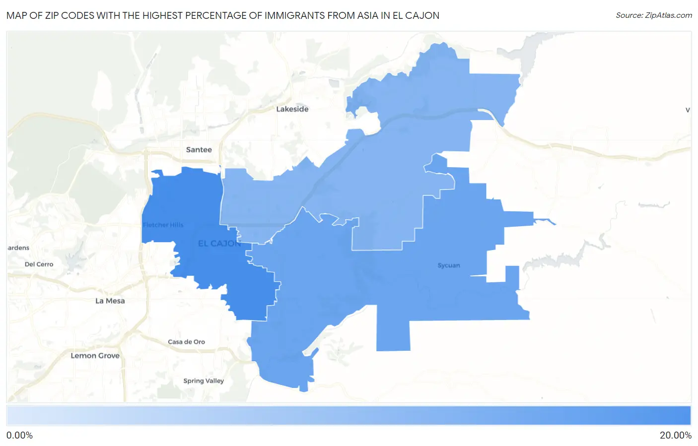 Zip Codes with the Highest Percentage of Immigrants from Asia in El Cajon Map