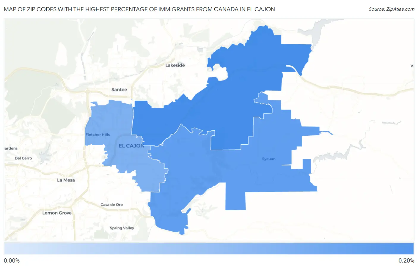 Zip Codes with the Highest Percentage of Immigrants from Canada in El Cajon Map