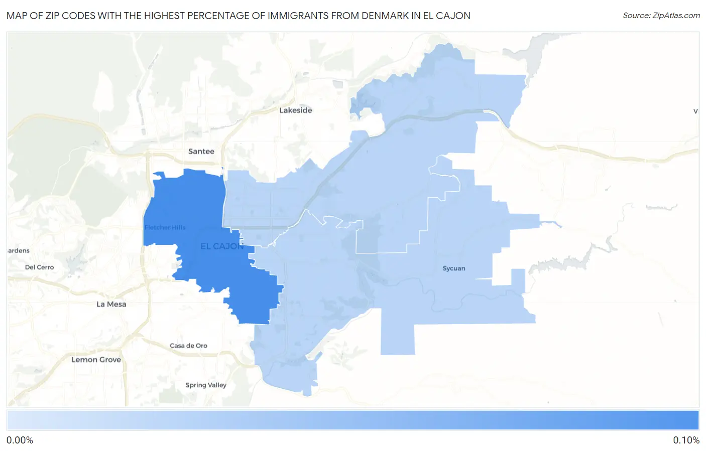 Zip Codes with the Highest Percentage of Immigrants from Denmark in El Cajon Map