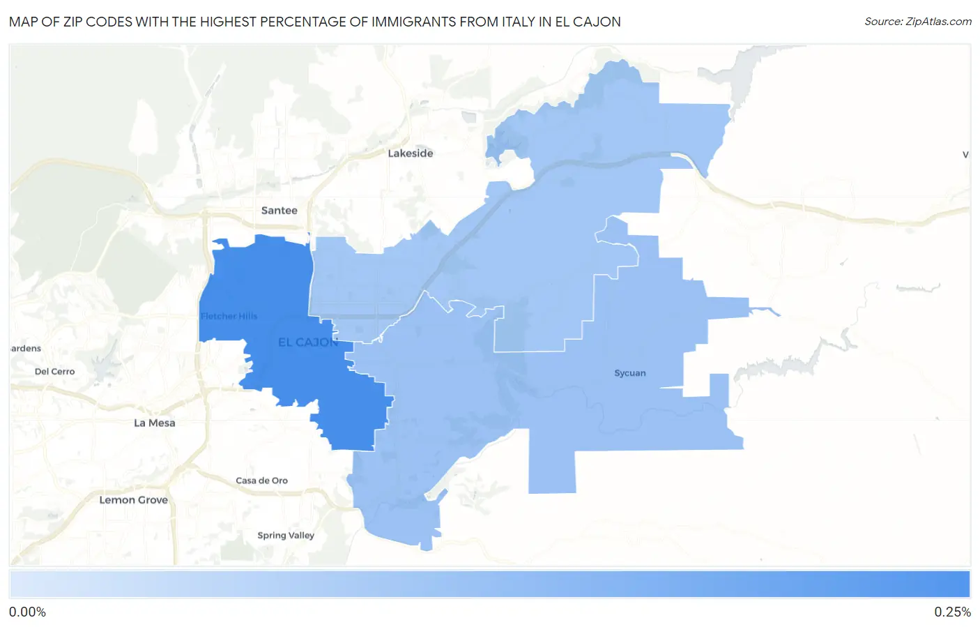 Zip Codes with the Highest Percentage of Immigrants from Italy in El Cajon Map