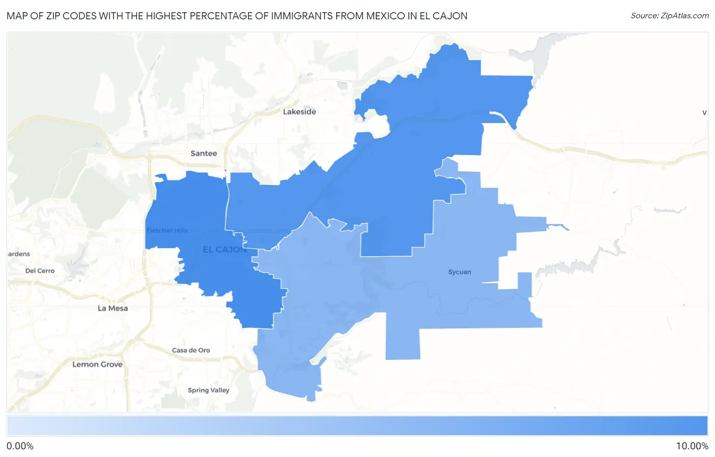 Zip Codes with the Highest Percentage of Immigrants from Mexico in El Cajon Map