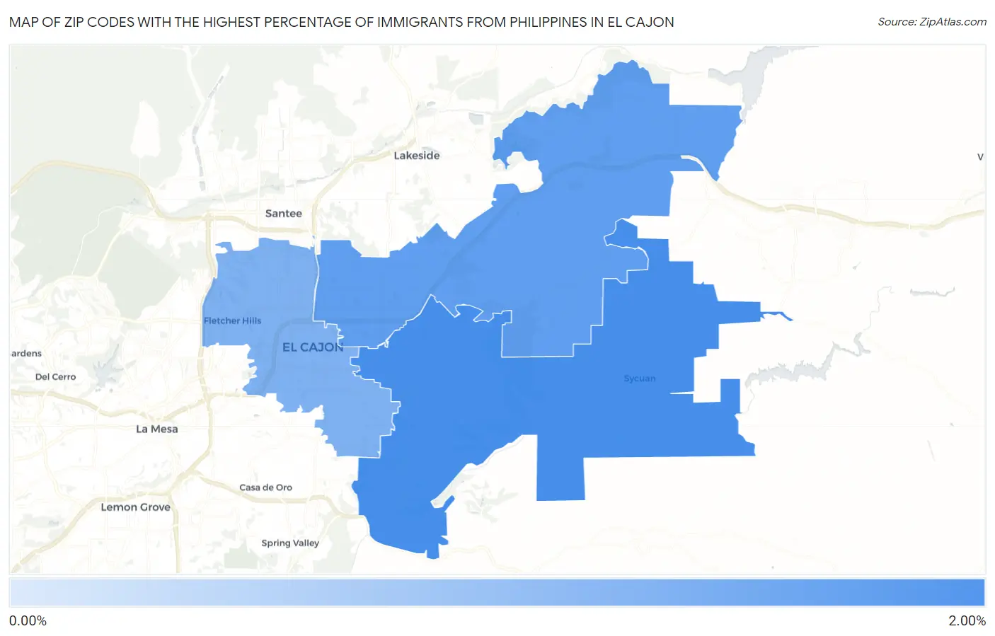 Zip Codes with the Highest Percentage of Immigrants from Philippines in El Cajon Map