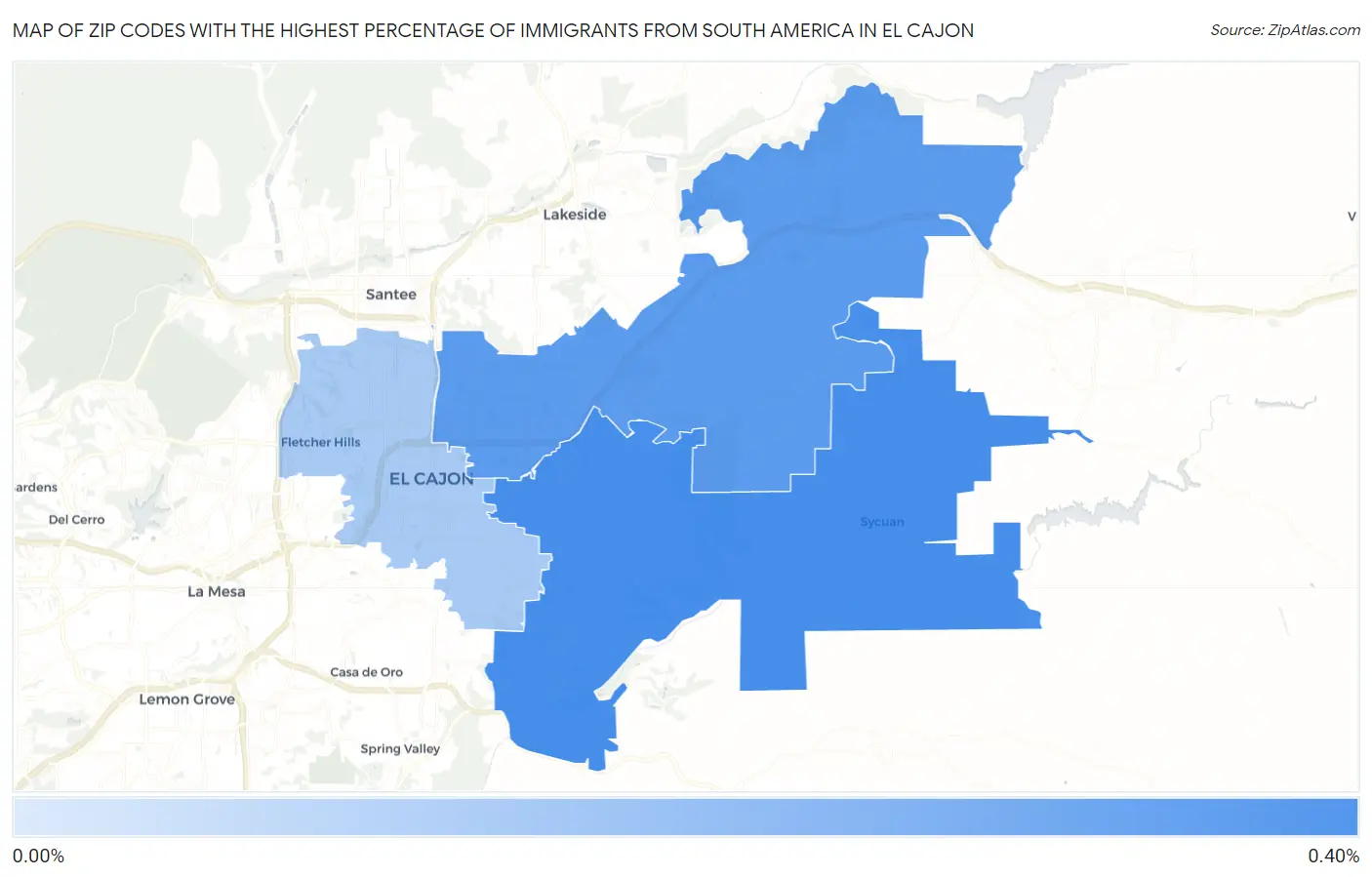 Zip Codes with the Highest Percentage of Immigrants from South America in El Cajon Map