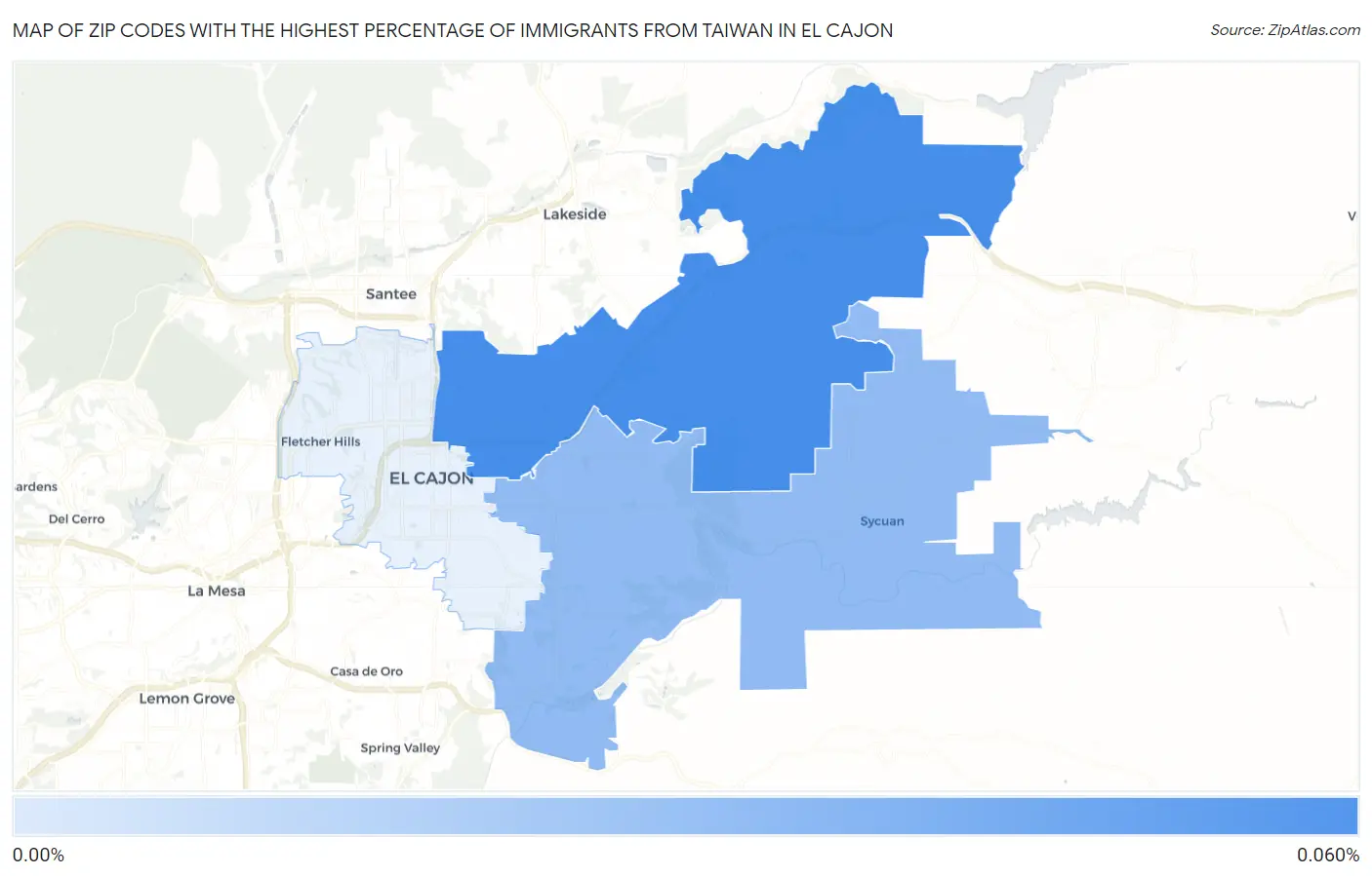 Zip Codes with the Highest Percentage of Immigrants from Taiwan in El Cajon Map