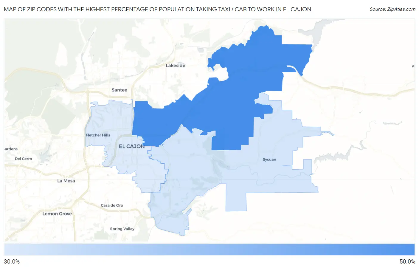 Zip Codes with the Highest Percentage of Population Taking Taxi / Cab to Work in El Cajon Map