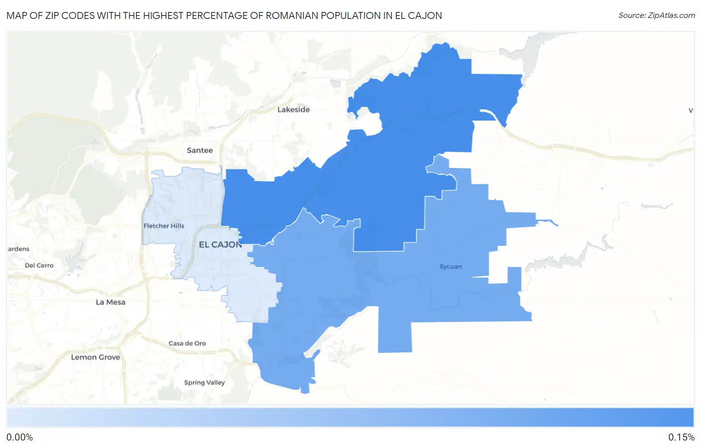 Zip Codes with the Highest Percentage of Romanian Population in El Cajon Map
