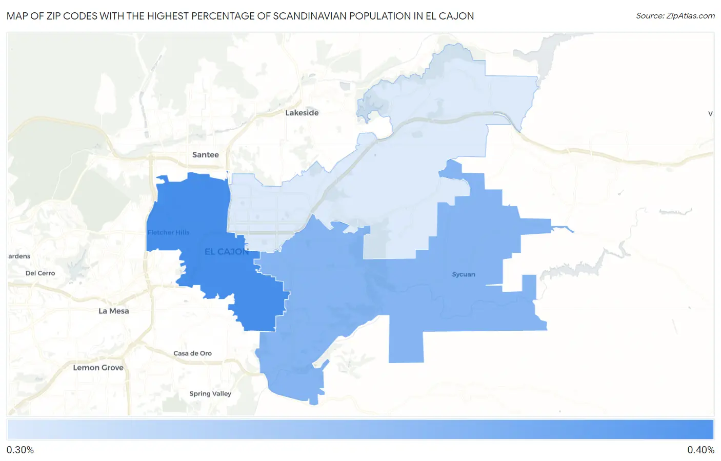 Zip Codes with the Highest Percentage of Scandinavian Population in El Cajon Map