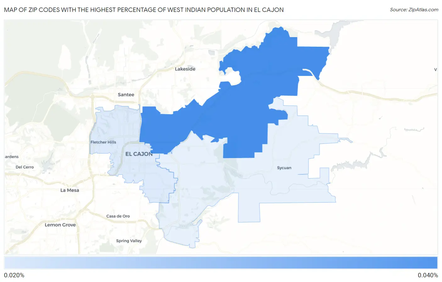 Zip Codes with the Highest Percentage of West Indian Population in El Cajon Map