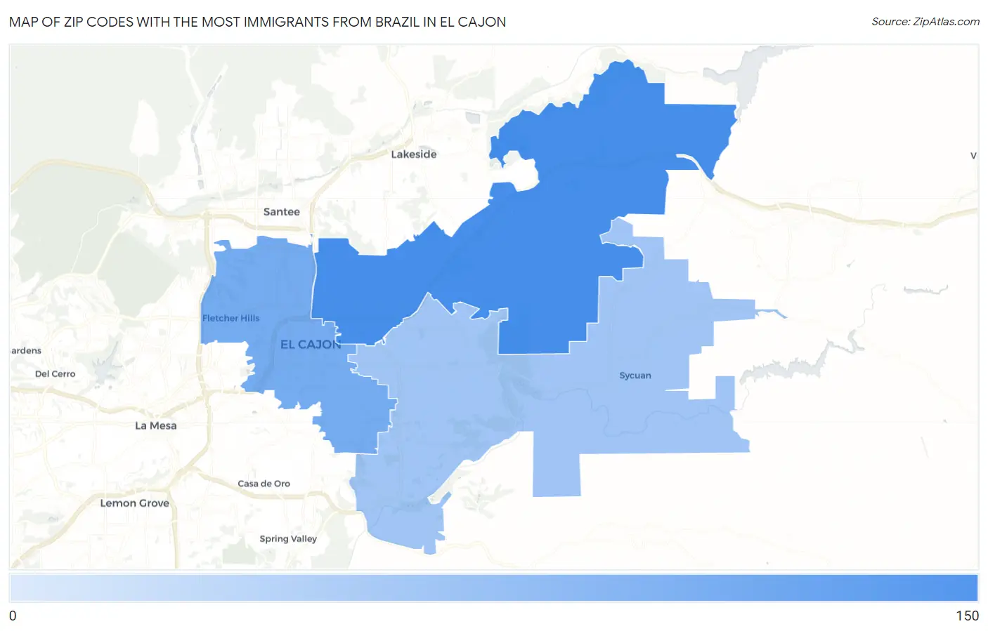 Zip Codes with the Most Immigrants from Brazil in El Cajon Map