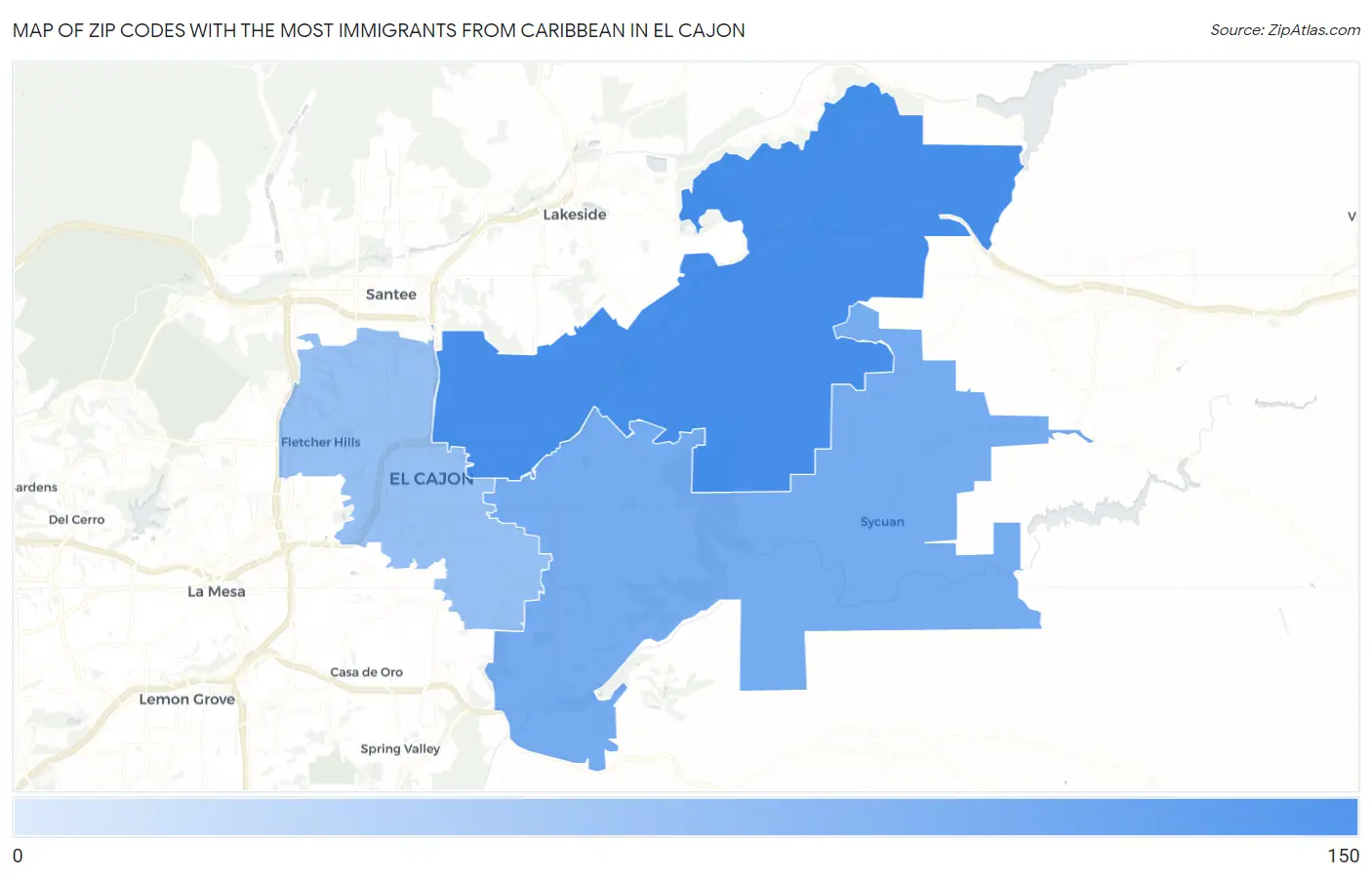 Zip Codes with the Most Immigrants from Caribbean in El Cajon Map