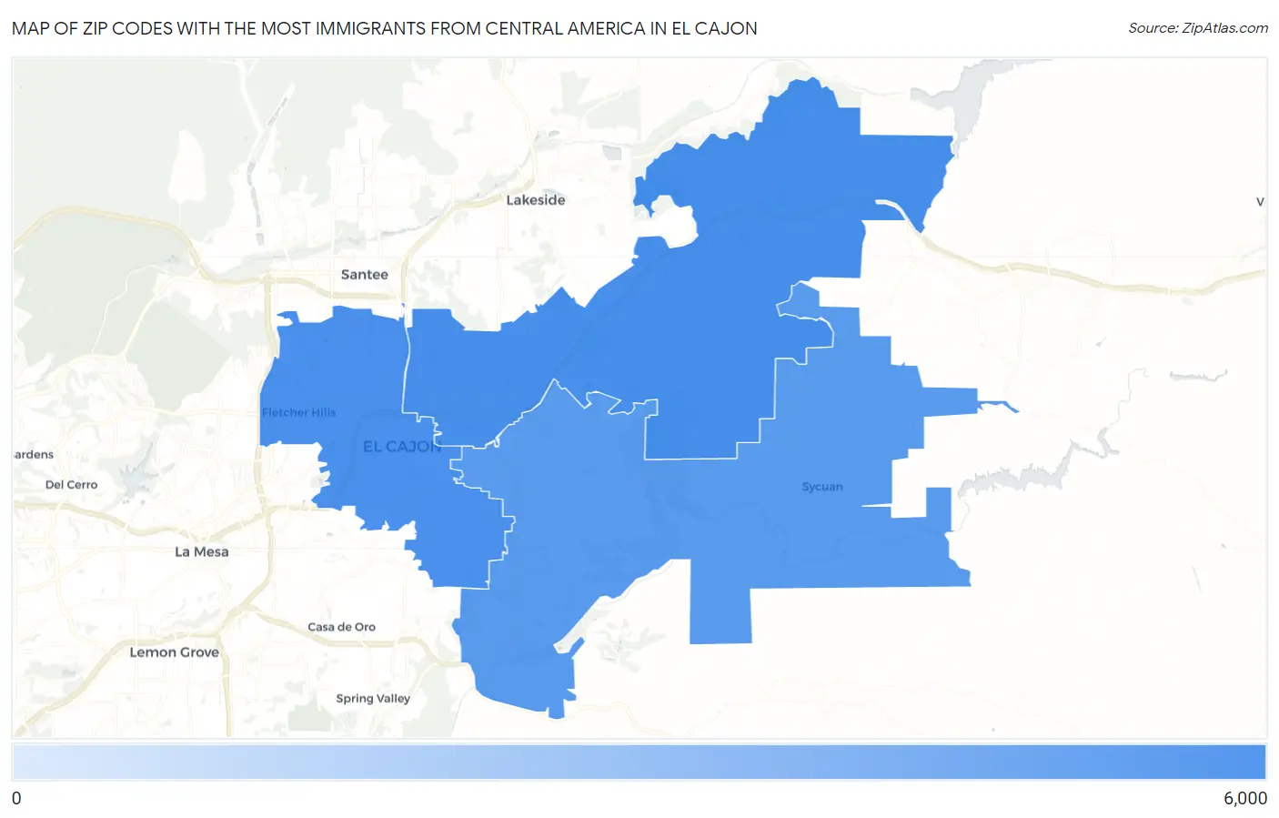 Zip Codes with the Most Immigrants from Central America in El Cajon Map