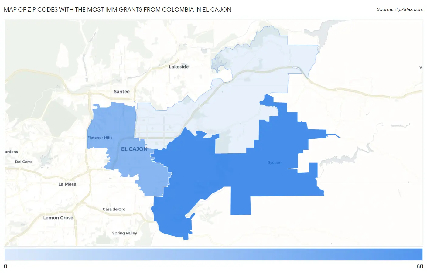 Zip Codes with the Most Immigrants from Colombia in El Cajon Map