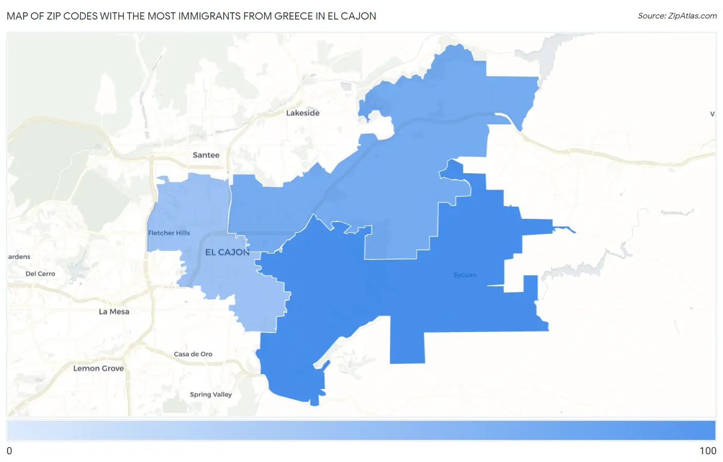 Zip Codes with the Most Immigrants from Greece in El Cajon Map