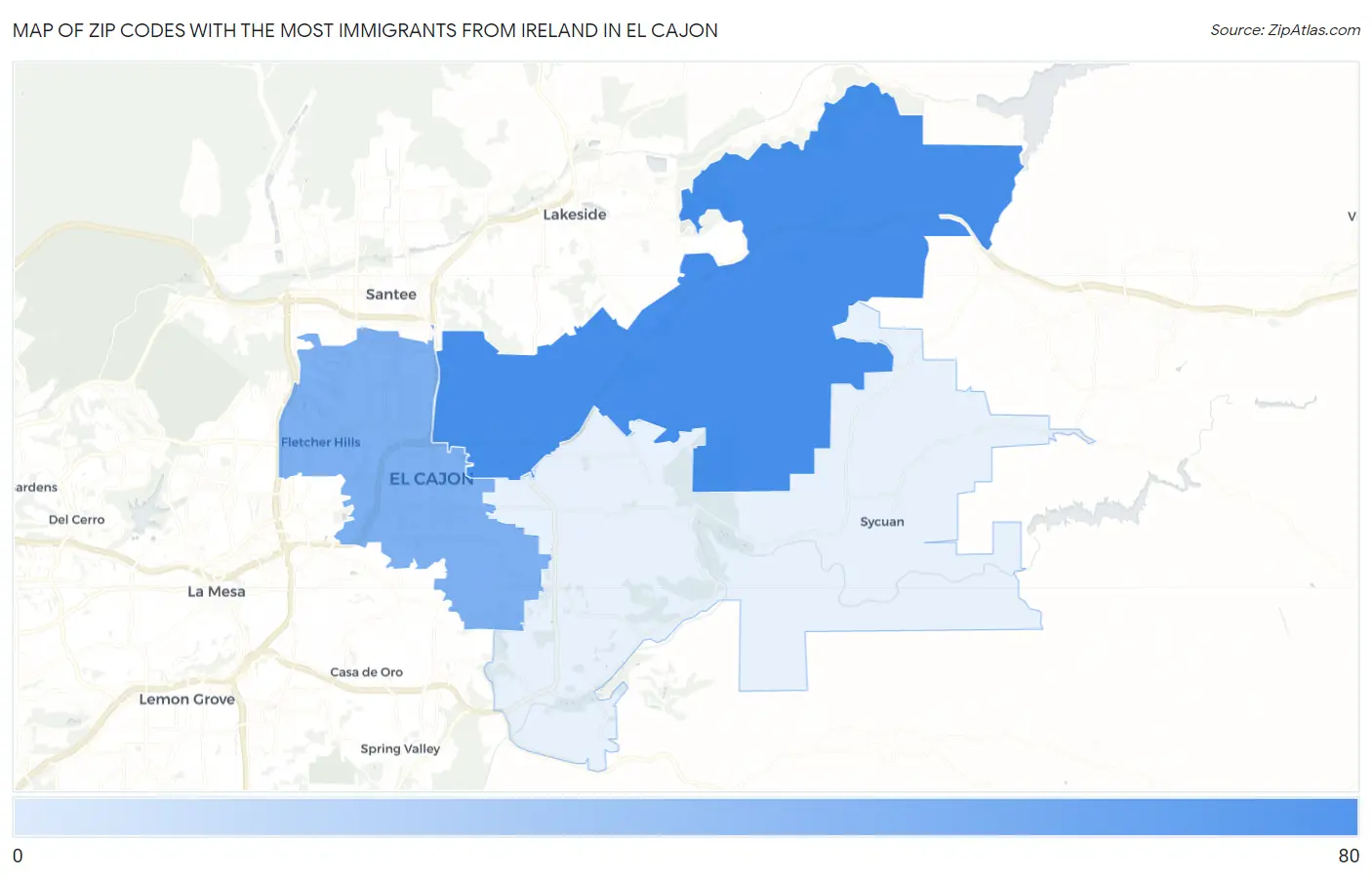 Zip Codes with the Most Immigrants from Ireland in El Cajon Map