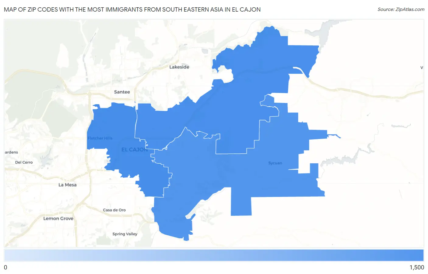 Zip Codes with the Most Immigrants from South Eastern Asia in El Cajon Map