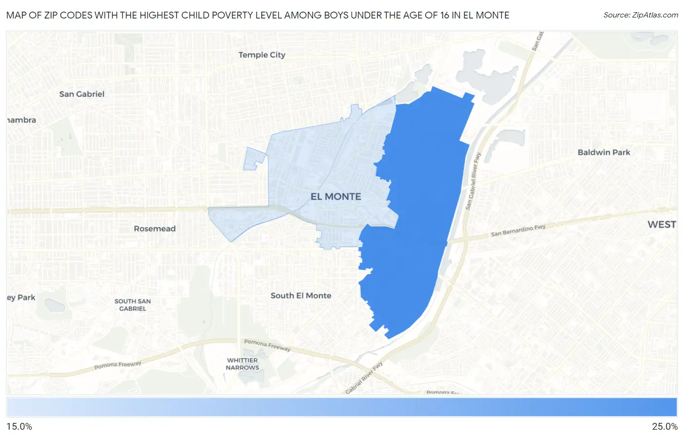 Zip Codes with the Highest Child Poverty Level Among Boys Under the Age of 16 in El Monte Map