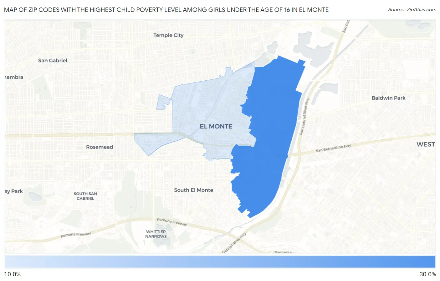 Zip Codes with the Highest Child Poverty Level Among Girls Under the Age of 16 in El Monte Map