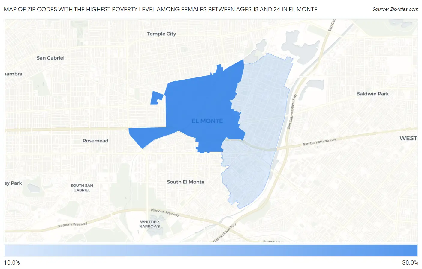 Zip Codes with the Highest Poverty Level Among Females Between Ages 18 and 24 in El Monte Map