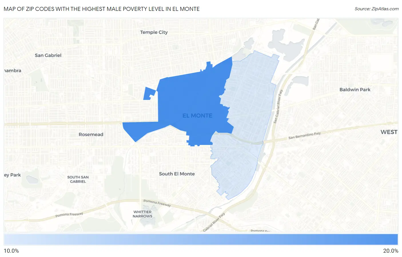 Zip Codes with the Highest Male Poverty Level in El Monte Map