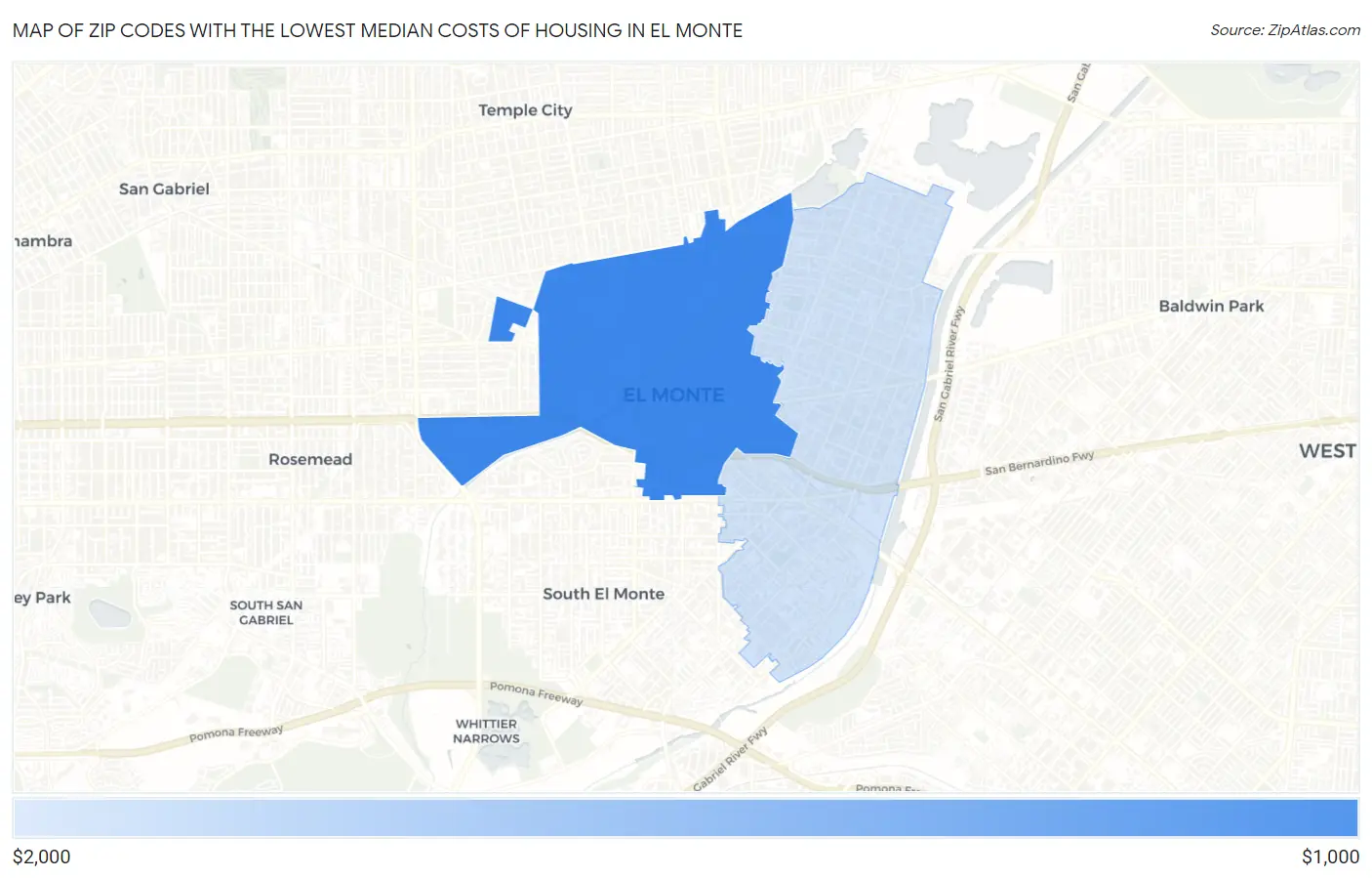 Zip Codes with the Lowest Median Costs of Housing in El Monte Map