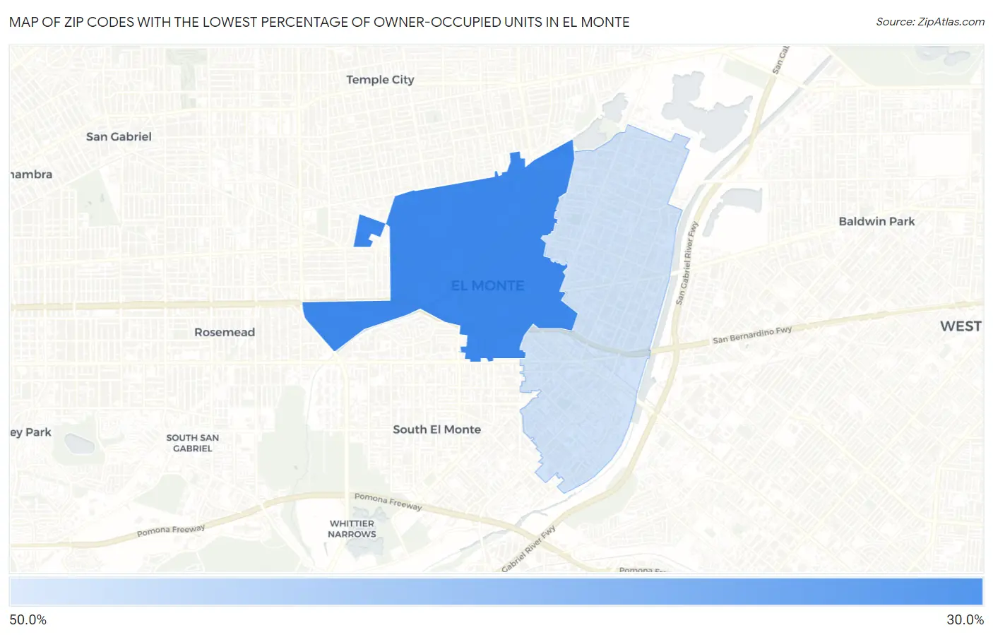 Zip Codes with the Lowest Percentage of Owner-Occupied Units in El Monte Map