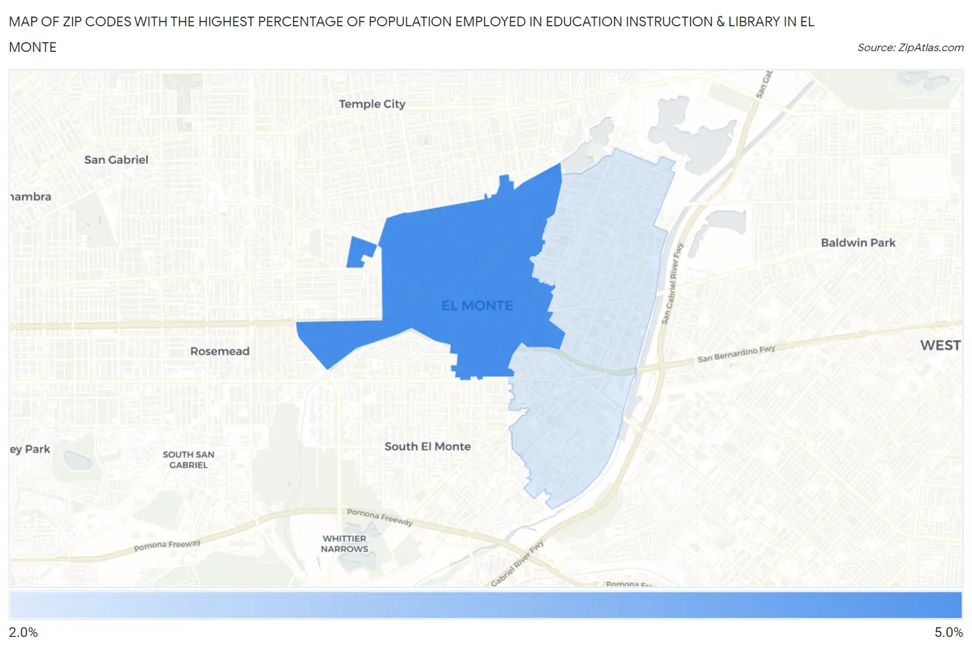 Zip Codes with the Highest Percentage of Population Employed in Education Instruction & Library in El Monte Map