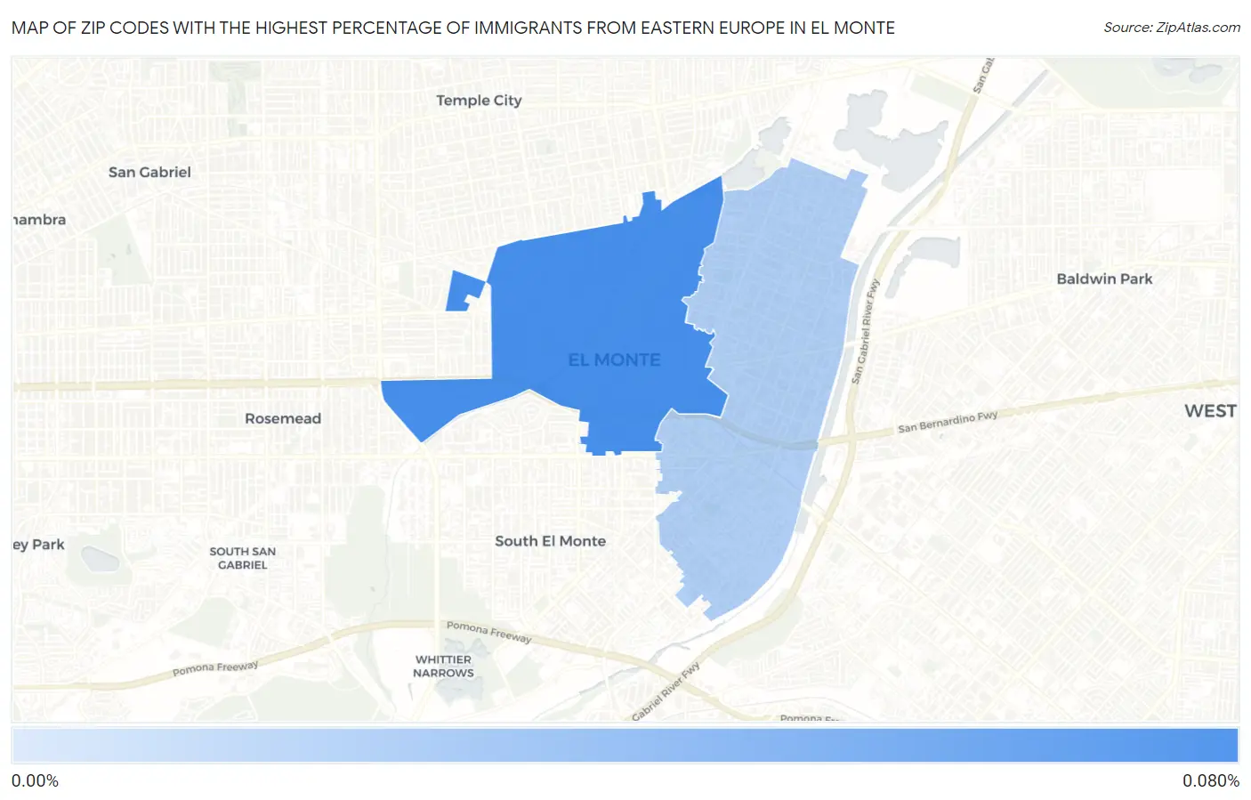 Zip Codes with the Highest Percentage of Immigrants from Eastern Europe in El Monte Map