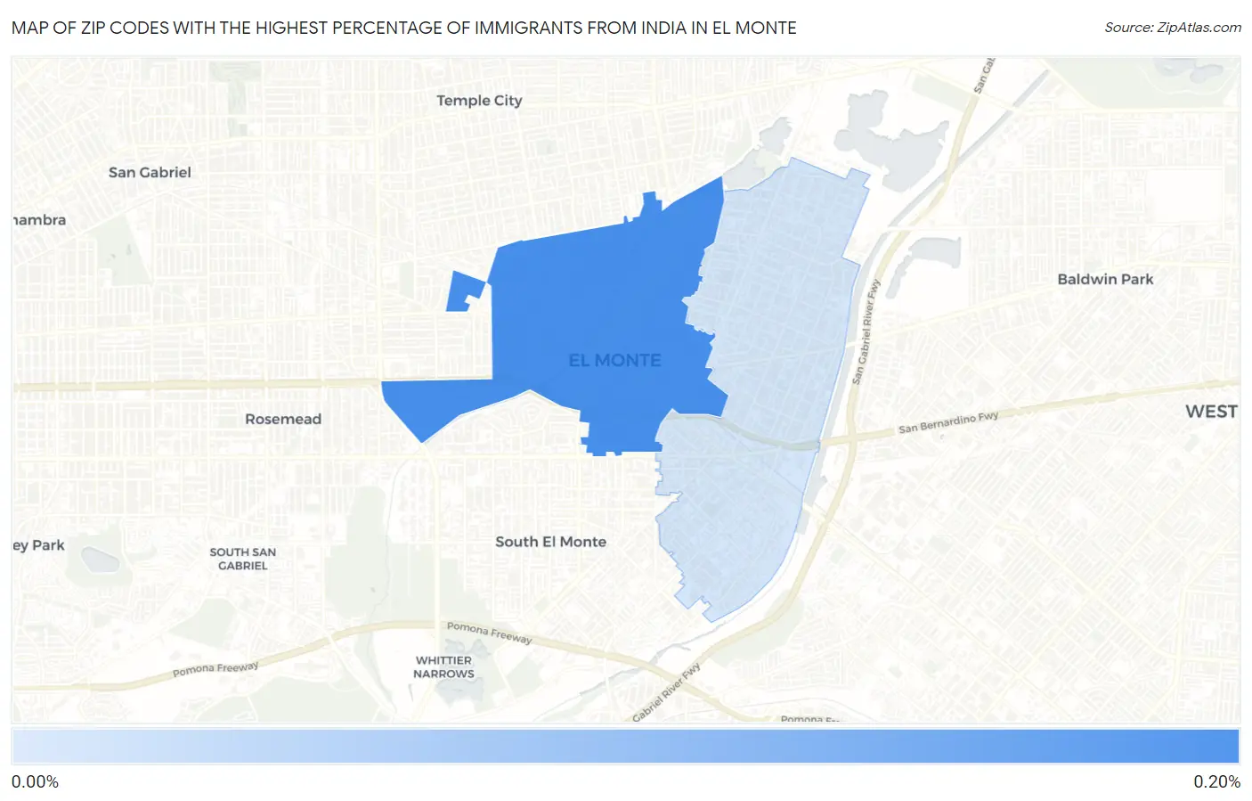 Zip Codes with the Highest Percentage of Immigrants from India in El Monte Map