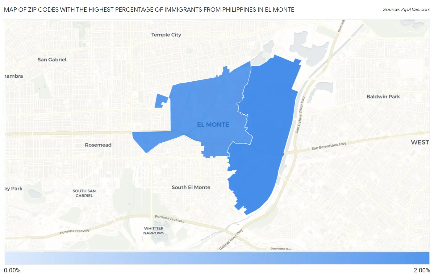 Zip Codes with the Highest Percentage of Immigrants from Philippines in El Monte Map