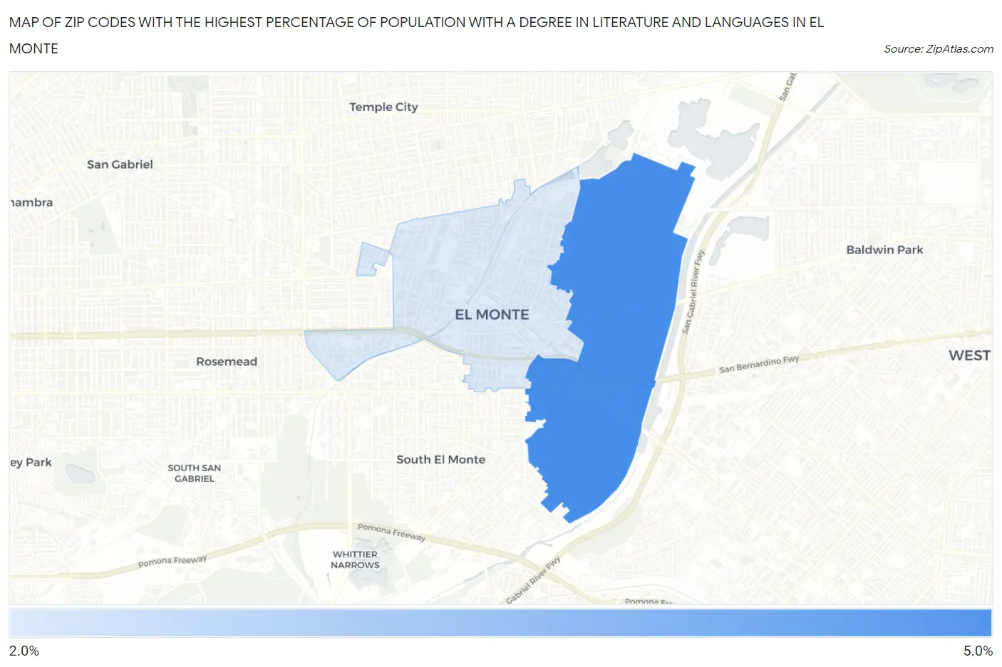 Zip Codes with the Highest Percentage of Population with a Degree in Literature and Languages in El Monte Map