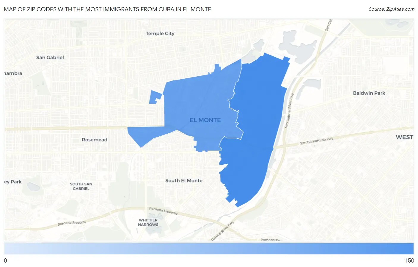 Zip Codes with the Most Immigrants from Cuba in El Monte Map