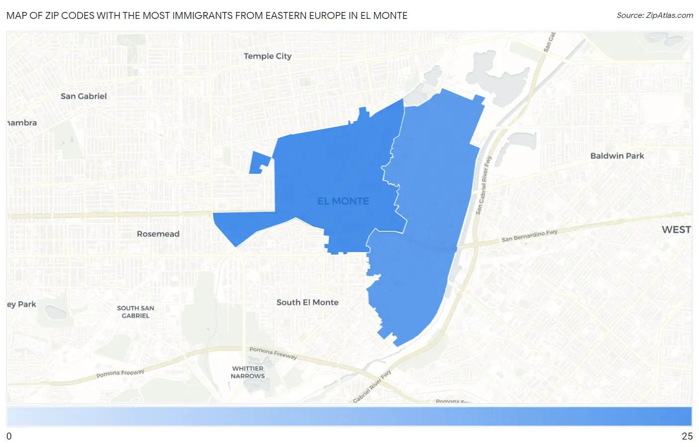 Zip Codes with the Most Immigrants from Eastern Europe in El Monte Map