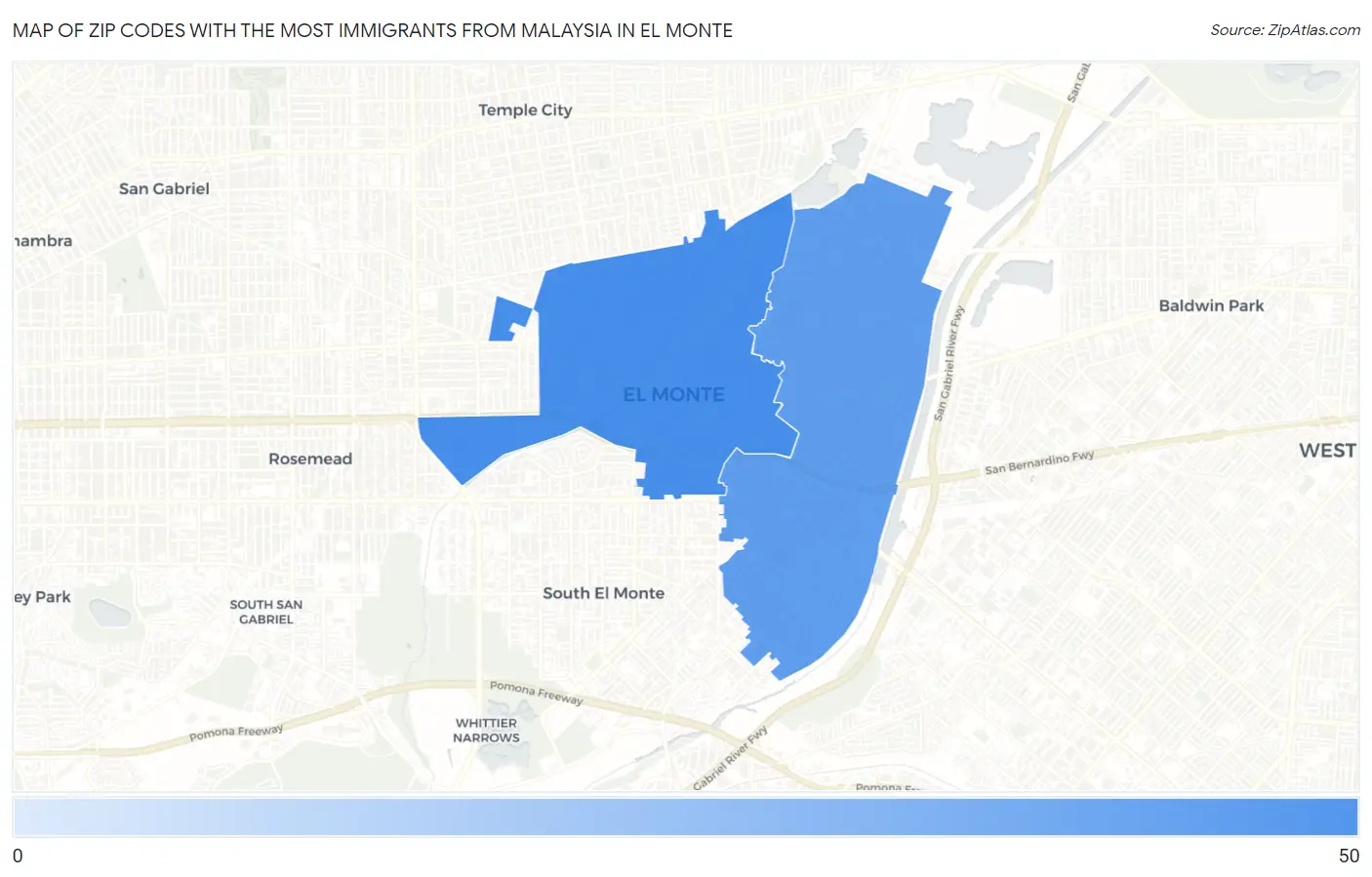 Zip Codes with the Most Immigrants from Malaysia in El Monte Map