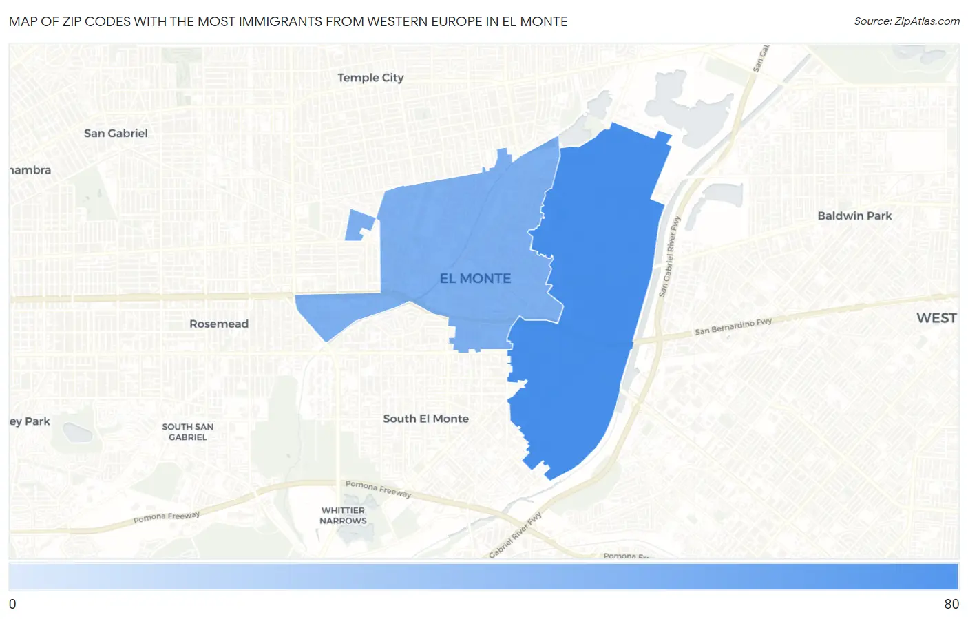 Zip Codes with the Most Immigrants from Western Europe in El Monte Map